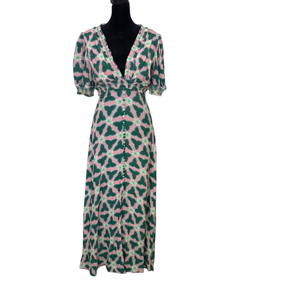 SALONI Lea Smocked Dress Sugar Pawpaw Print Size 0 Pink Green Feminine Resort - Picture 1 of 14